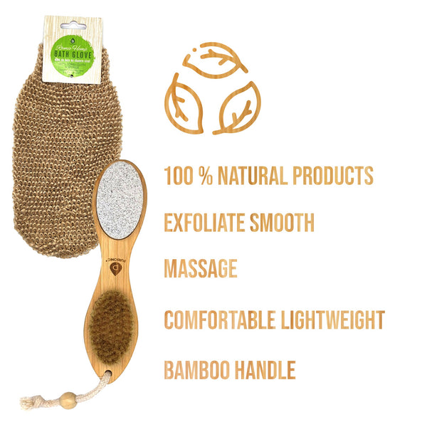 Bath glove and brush with natural product features on a white background