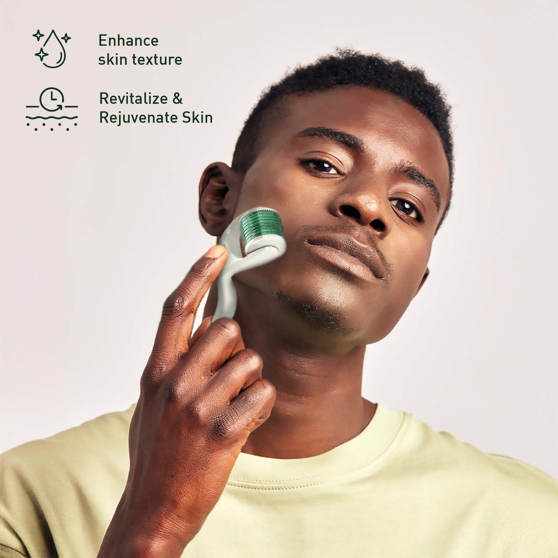 Man using a skincare device on his face with text about skin care benefits.