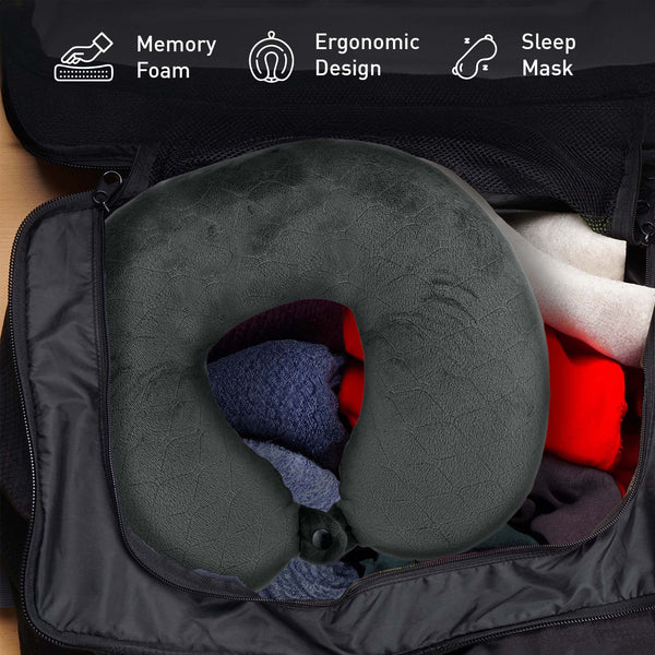 Gray travel neck pillow in an open suitcase with packing cubes, labeled with features like memory foam and ergonomic design.