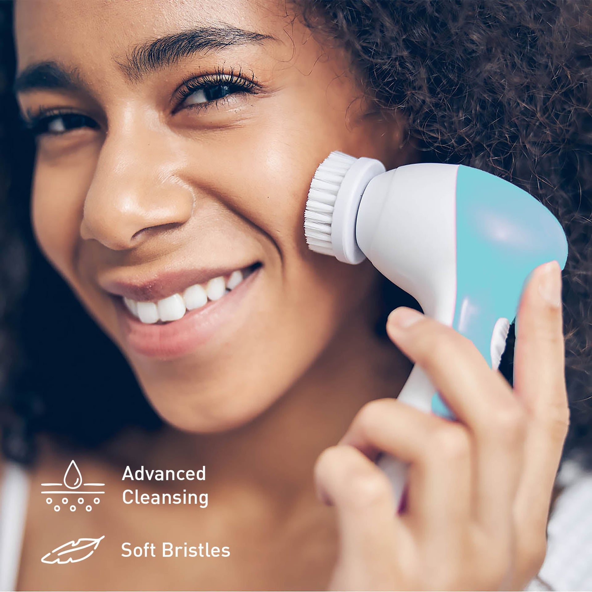 Woman using a skincare device with text 'Advanced Cleansing' and 'Soft Bristles'.