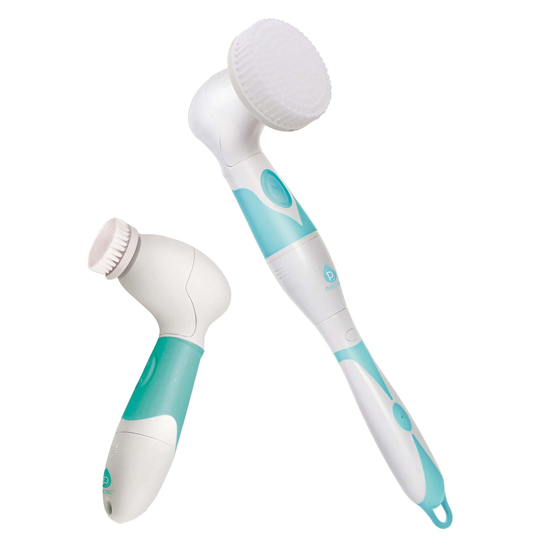 Two handheld massage devices with white and teal design on a white background