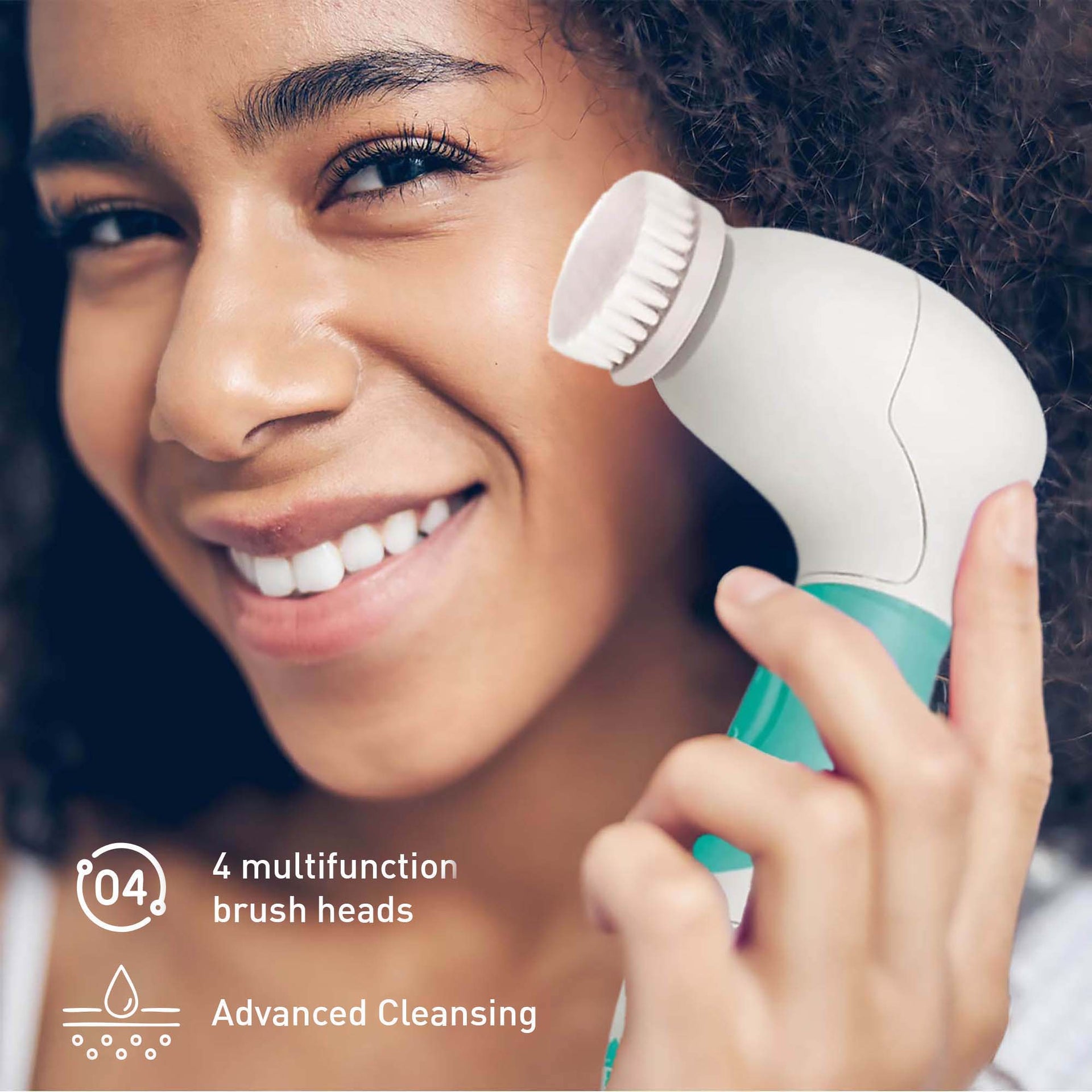 Woman using a skincare device with text about multifunction brush heads and advanced cleansing.