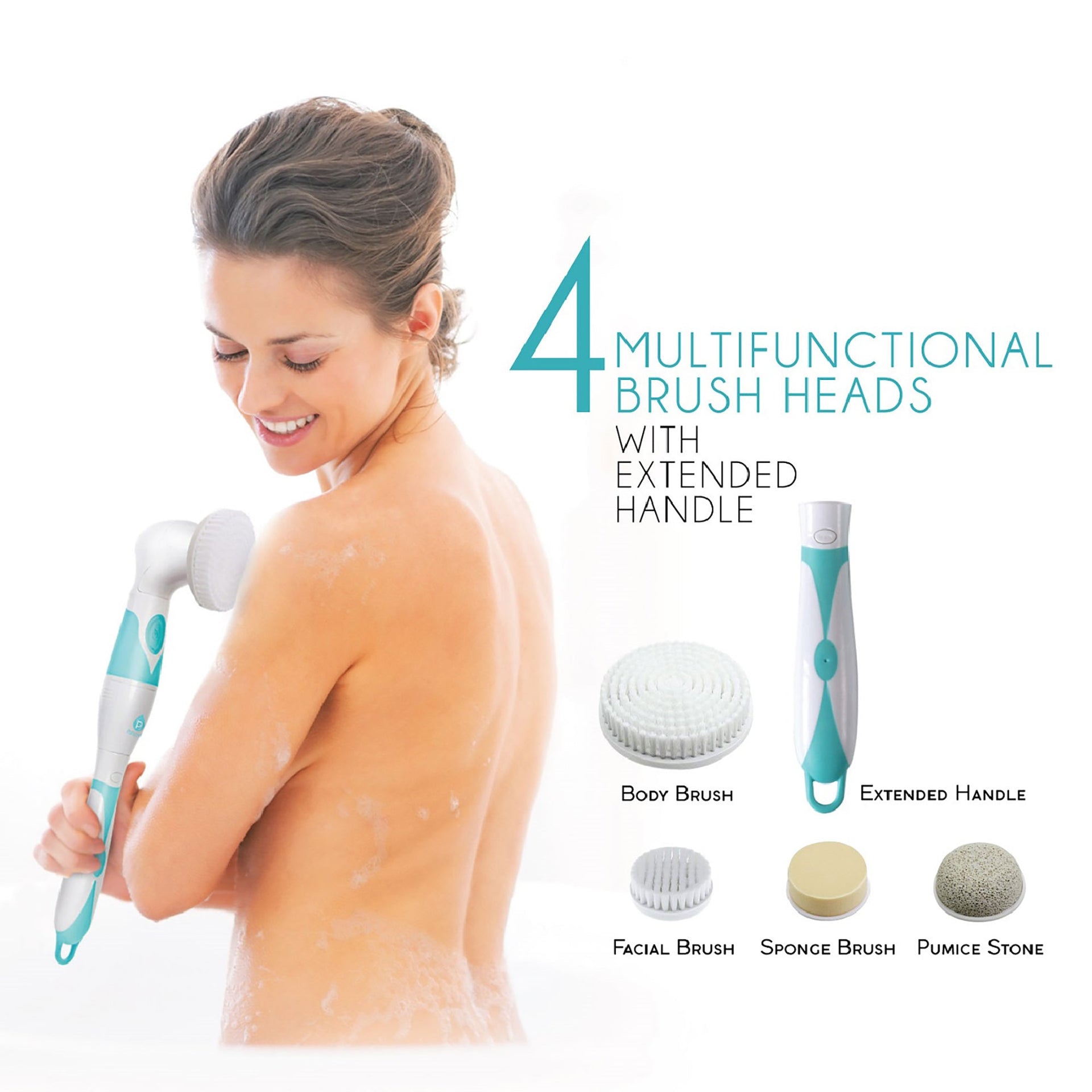 Woman using a bath brush with multifunctional heads on a white background