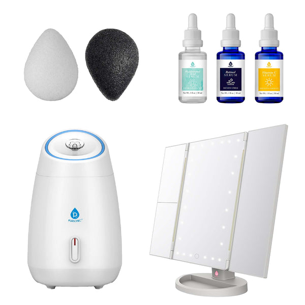 Collection of skincare products including a humidifier, sponges, and bottles on a white background