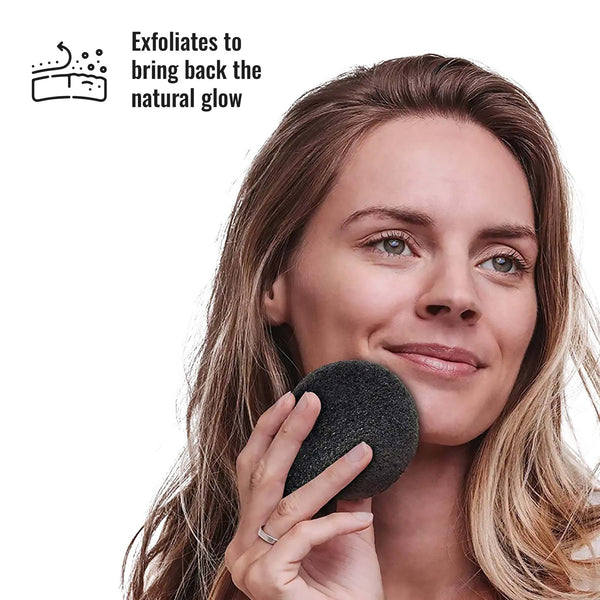Woman using a black exfoliating tool on her face with text about exfoliation benefits.