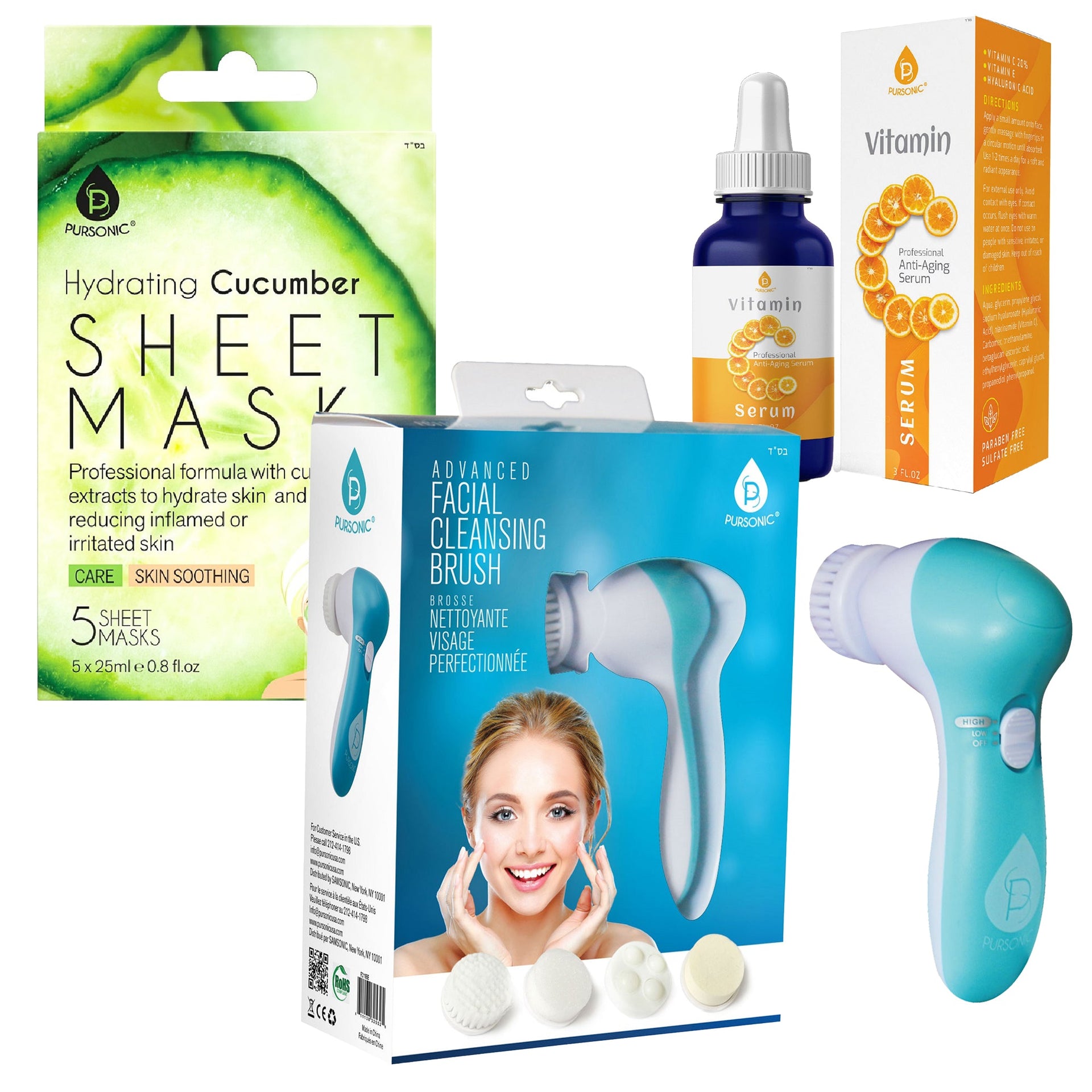 Collection of skincare products including a cucumber sheet mask, facial cleansing brush, and serum on a white background.