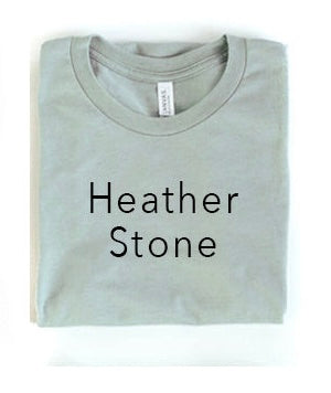 Folded heather stone t-shirt with 'Heather Stone' text on a white background