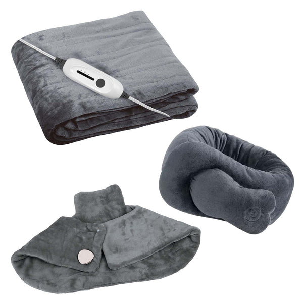 Gray electric blanket with controller, neck pillow, and shoulder pad on a white background