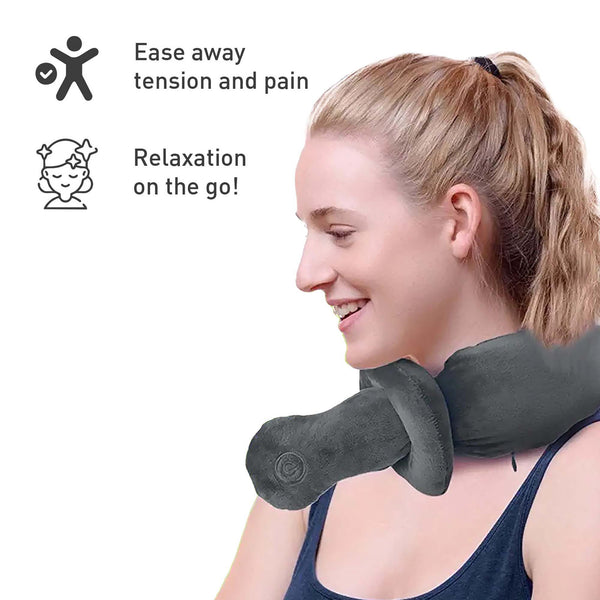Woman using a neck and shoulder massager with text indicating relief from tension and pain.