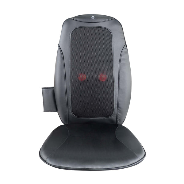 Black massage chair pad with red lights on a white background