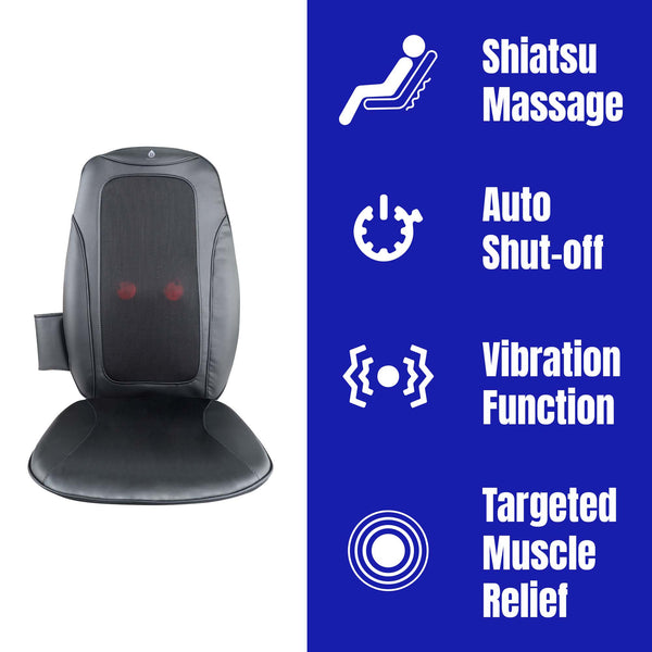 Massage chair back with features listed on a blue background