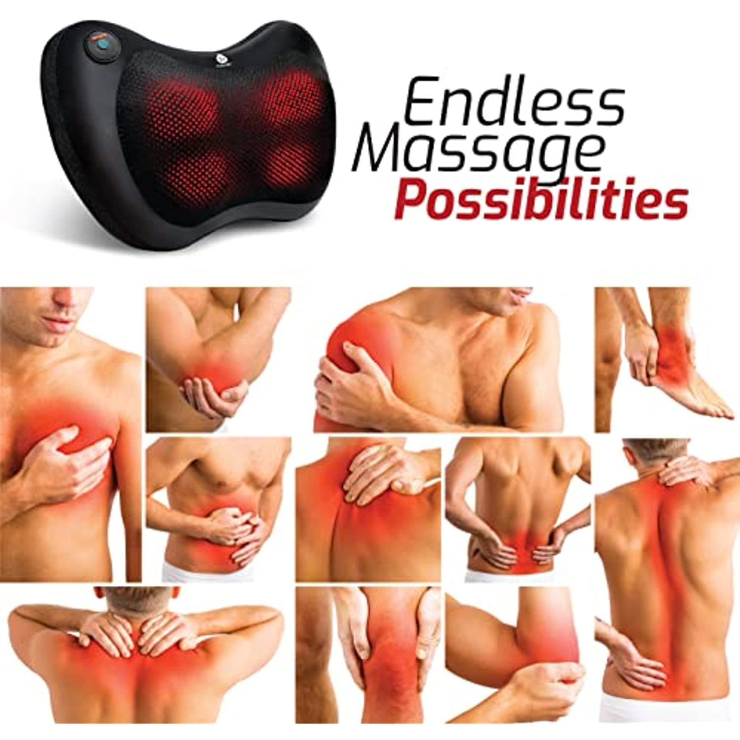 Massage device with 'Endless Massage Possibilities' text and images of people with sore muscles.