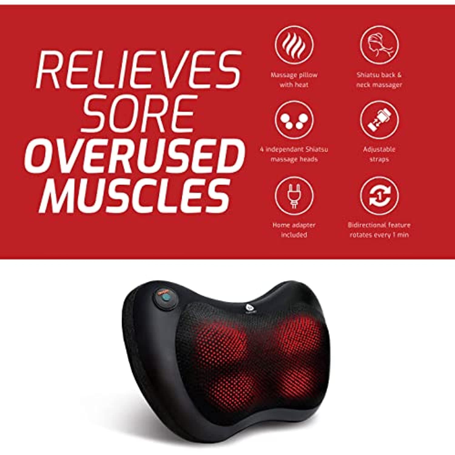 Massage pillow with heat on a red background with text about muscle relief.