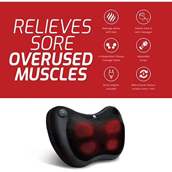 Massage pillow with heat on a red background with text about muscle relief.