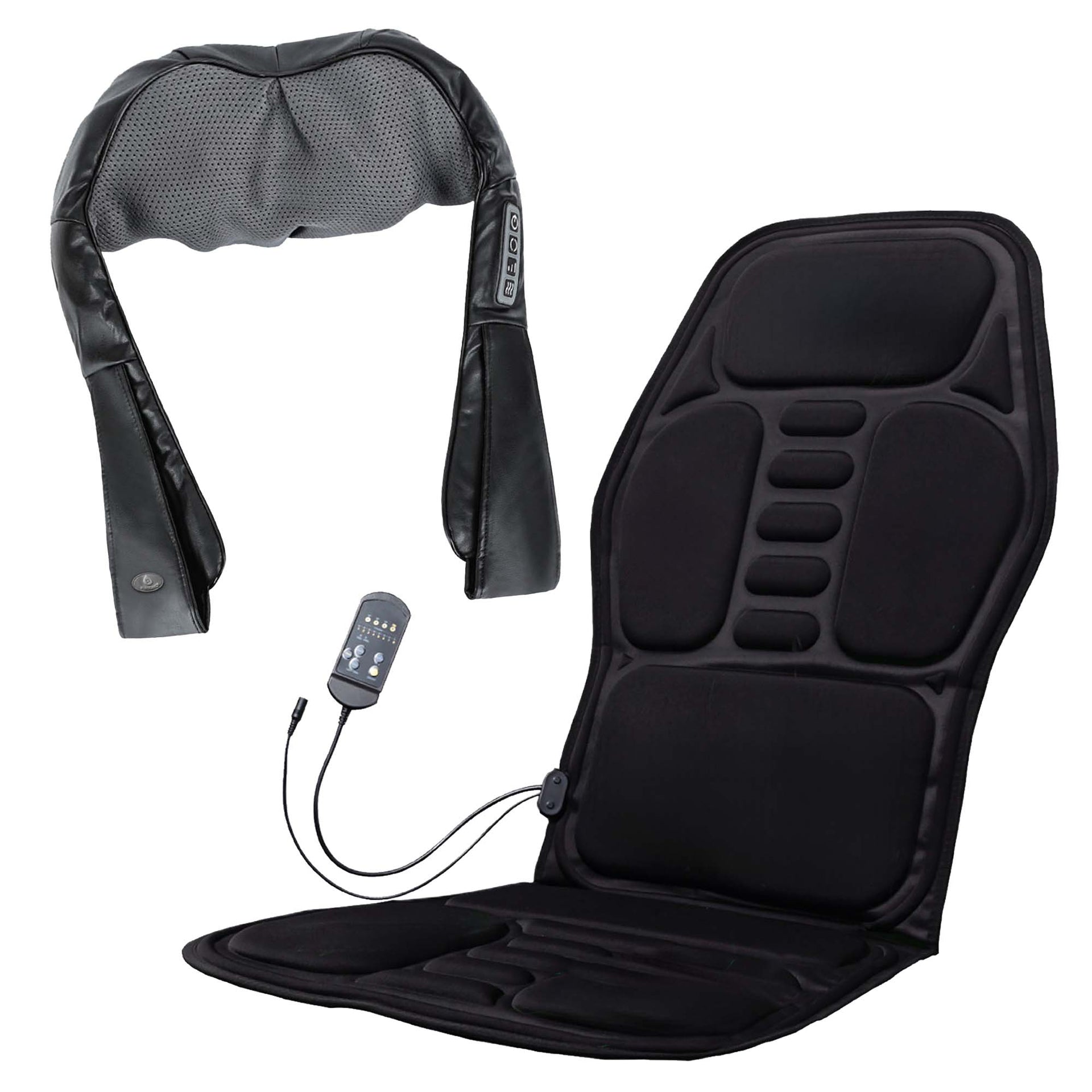 Black massage device with neck and back pillow and seat cover on a white background