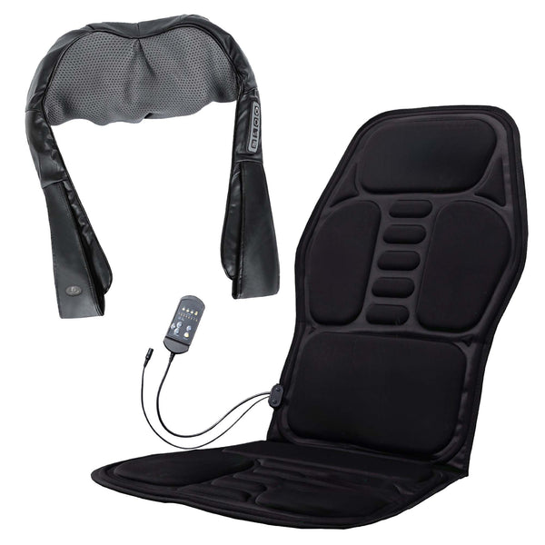 Black massage device with neck and back pillow and seat cover on a white background