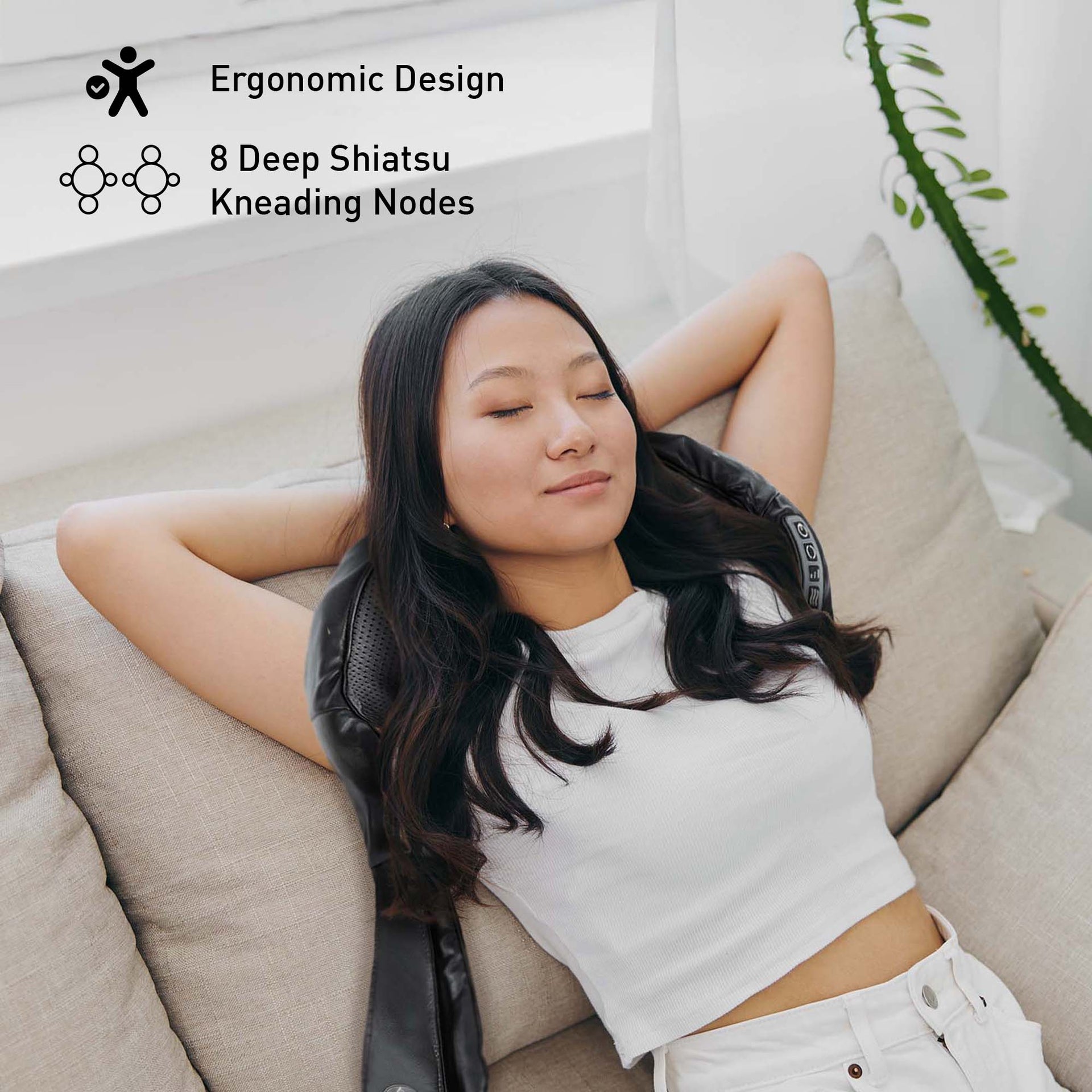 Woman relaxing on a massage chair with text about ergonomic design and deep Shiatsu kneading nodes.