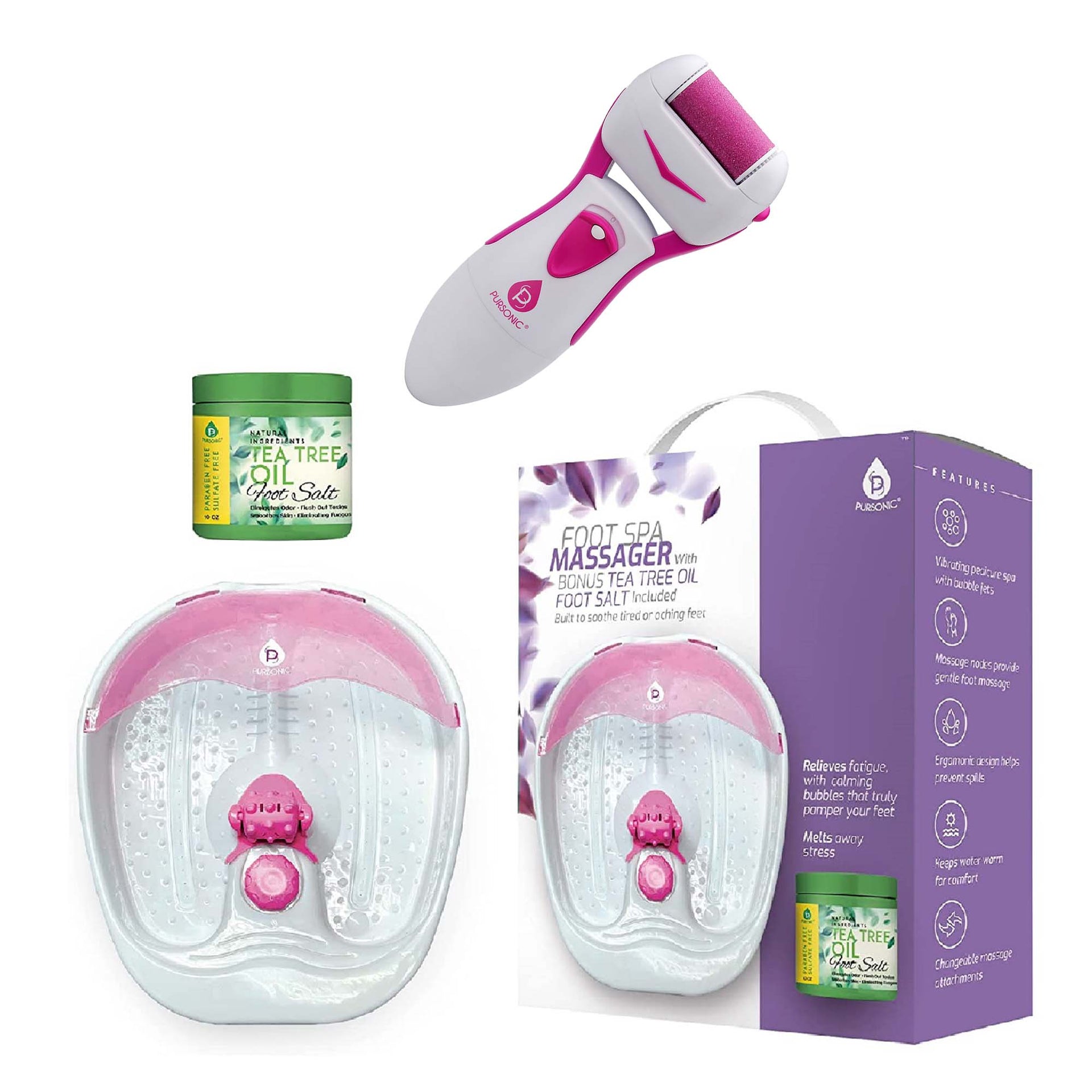 Collection of foot care products including a roller, jar, and massage device on a white background