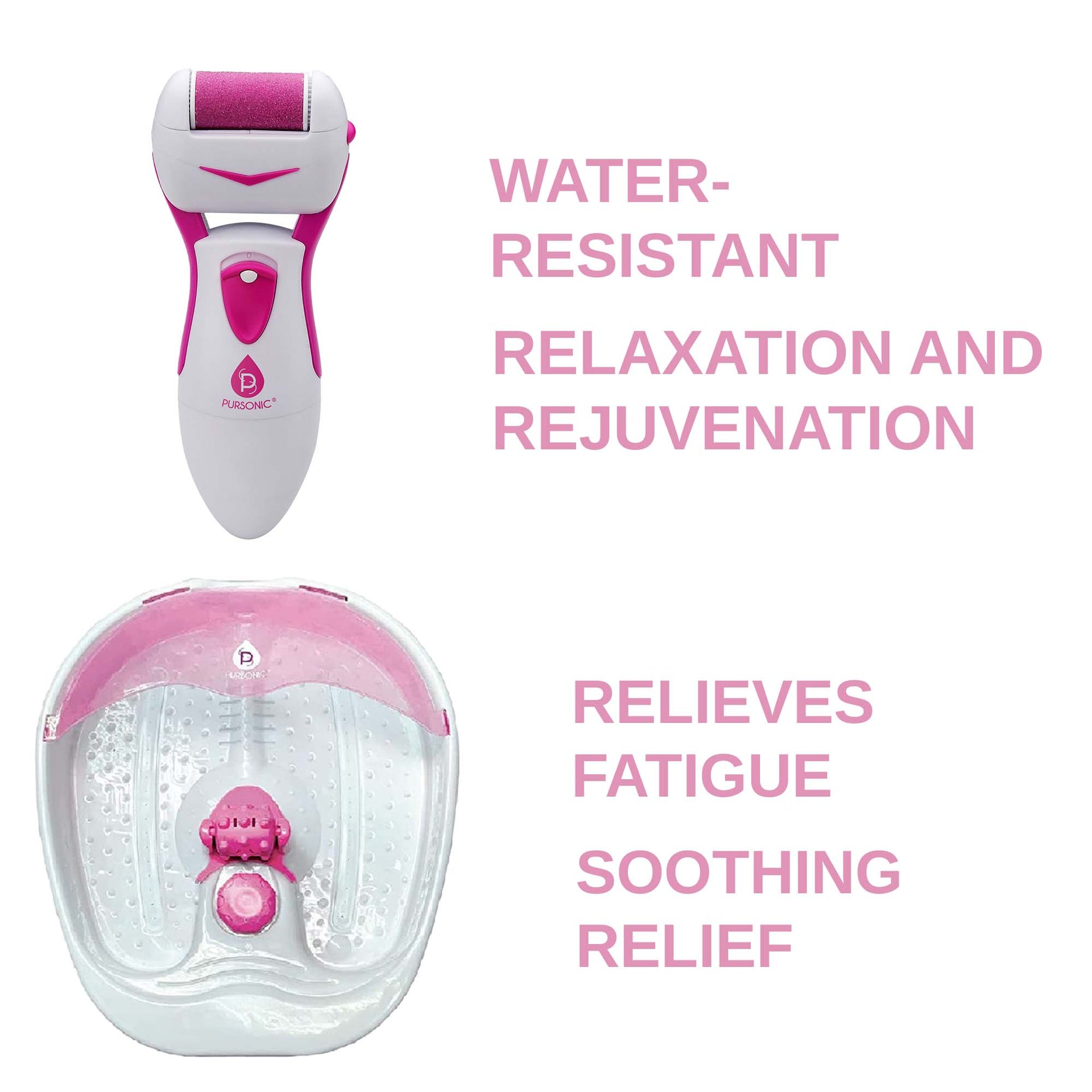 Pink and white foot care device with text highlighting features on a white background