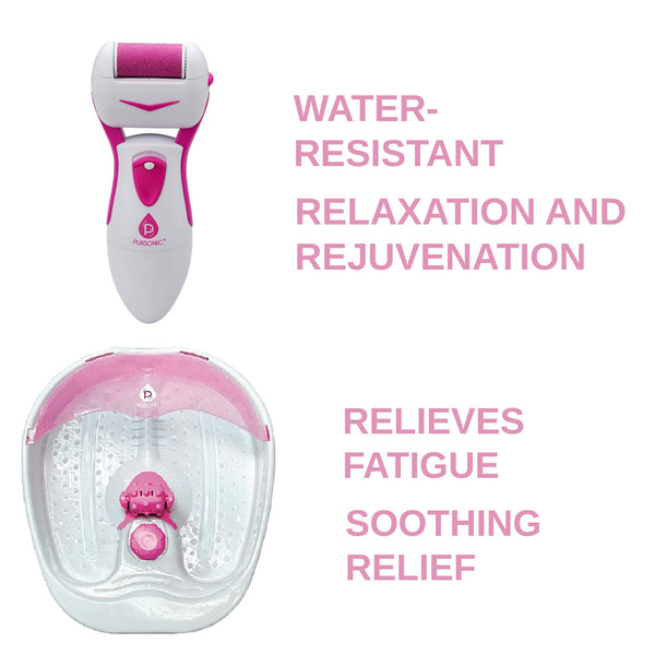 Pink and white foot care device with text highlighting features on a white background