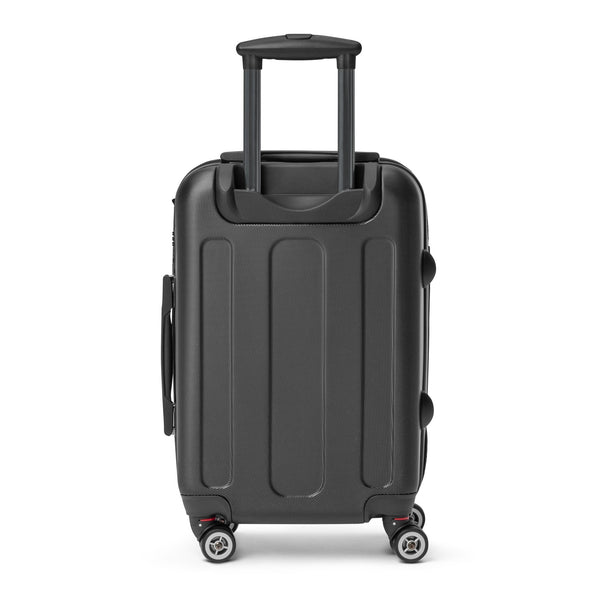 Black suitcase with wheels on a white background