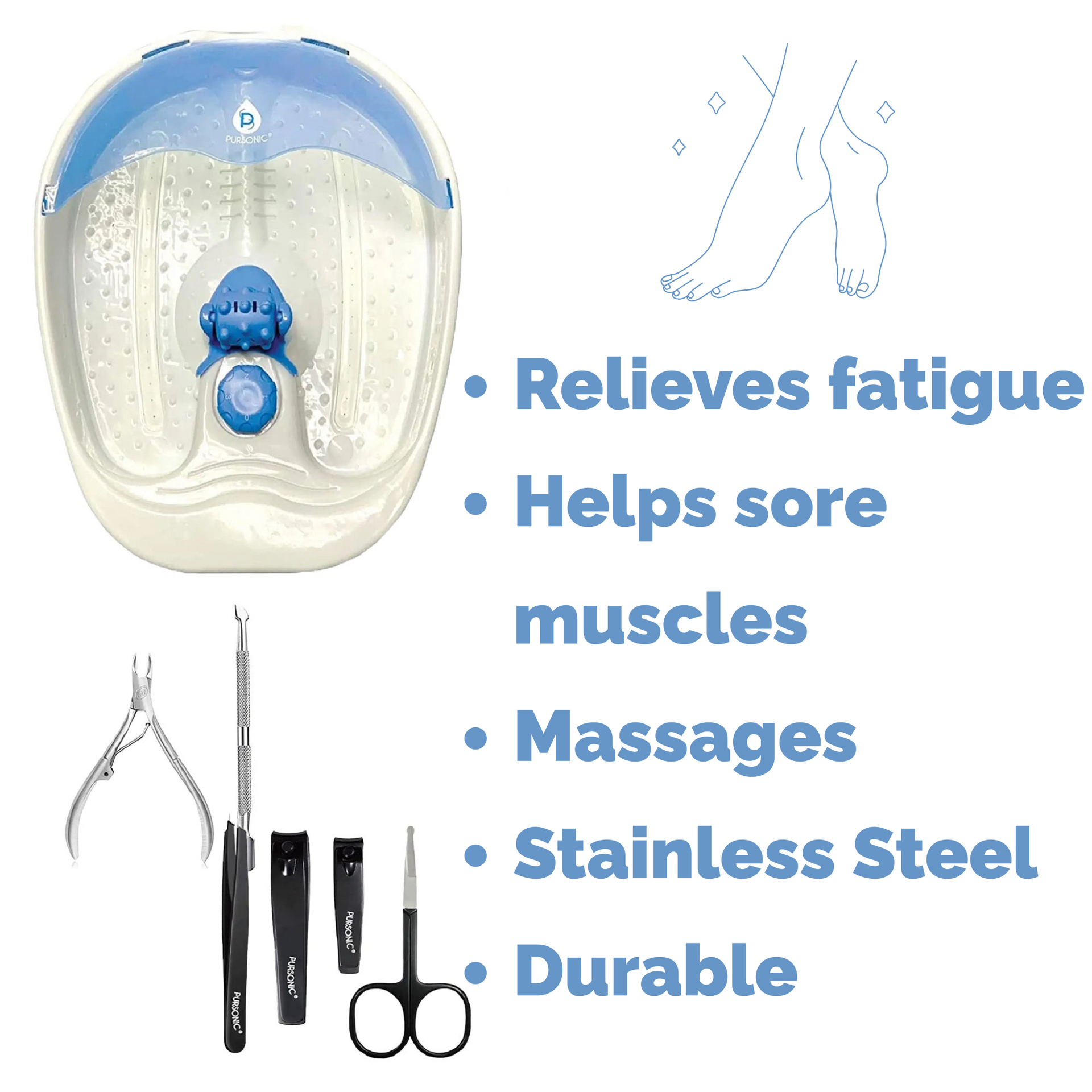 Foot massager with tools and features listed on a white background