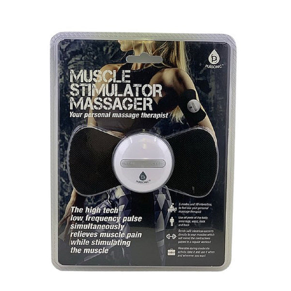 Packaged muscle stimulator massager with branding and product details on a white background