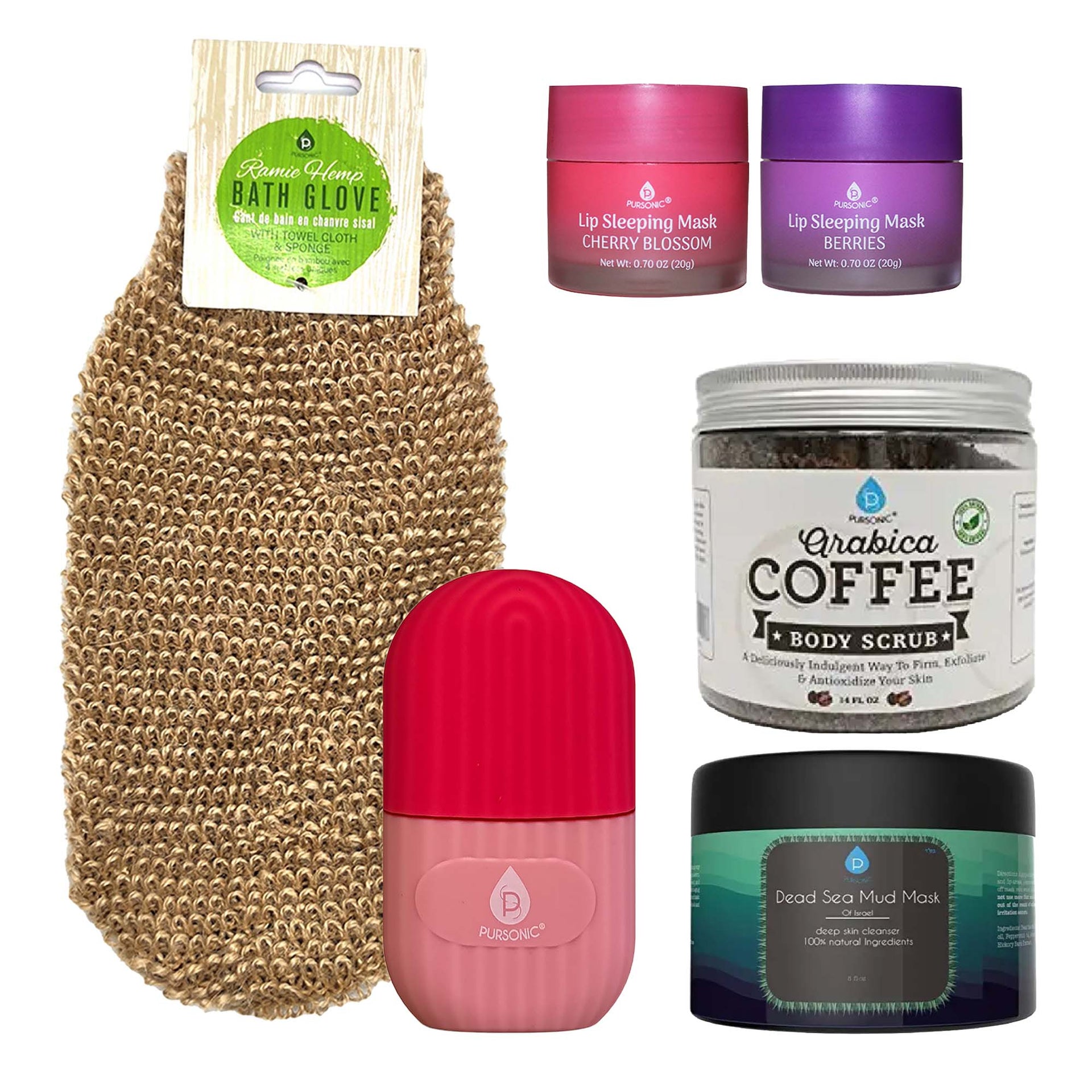 Collection of beauty products including a bath glove, lip masks, coffee scrub, and mud mask on a white background.