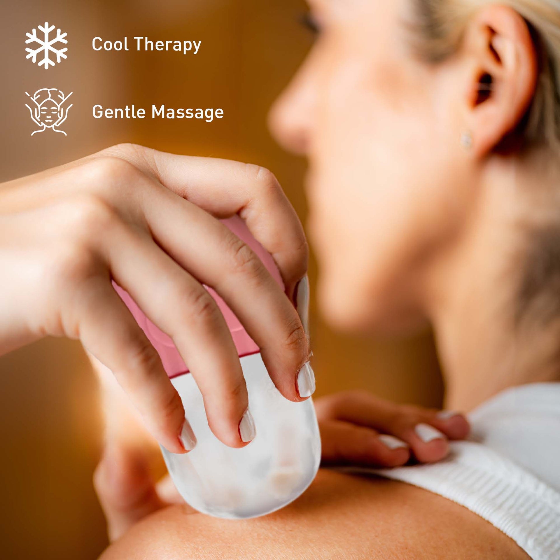 Person receiving a massage with a handheld device, labeled 'Cool Therapy' and 'Gentle Massage'.