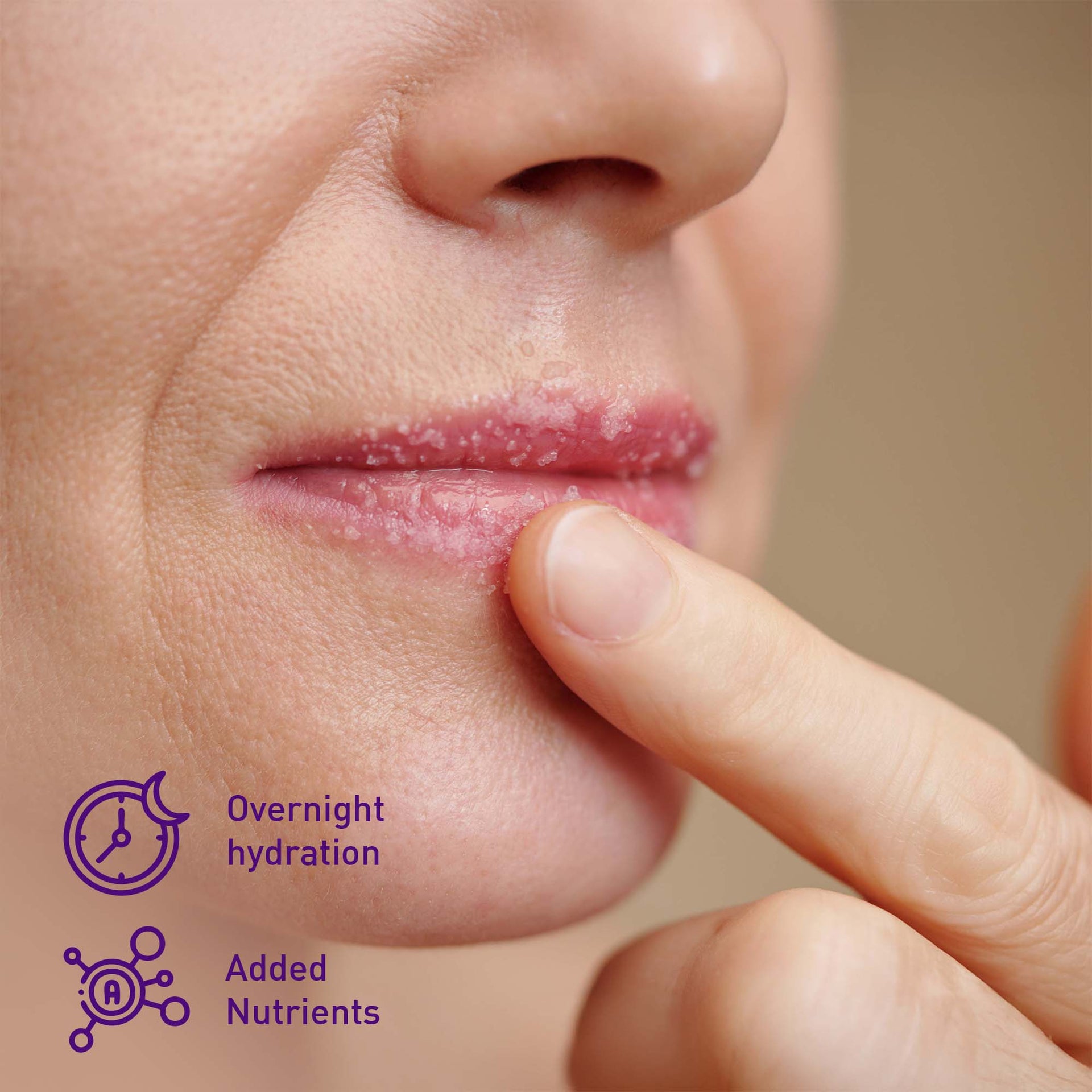 Close-up of lips with a finger pointing to them, labeled 'Overnight hydration' and 'Added Nutrients'.