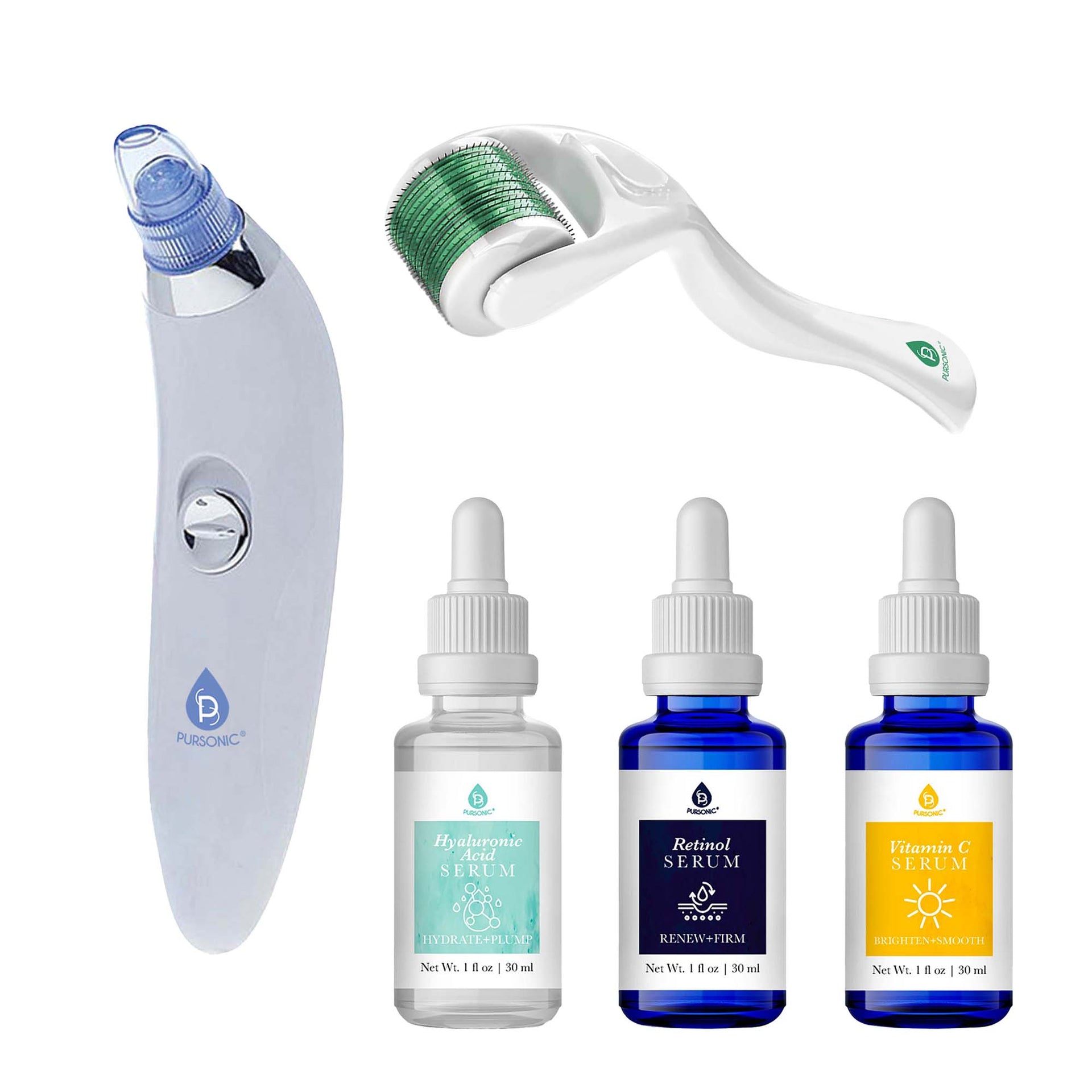Pursonic Ultimate Rejuvenation Bundle: Micro Needle Derma Roller, Pore Vacuum Blackhead Remover & 3-Pack Anti-Aging Serum Set