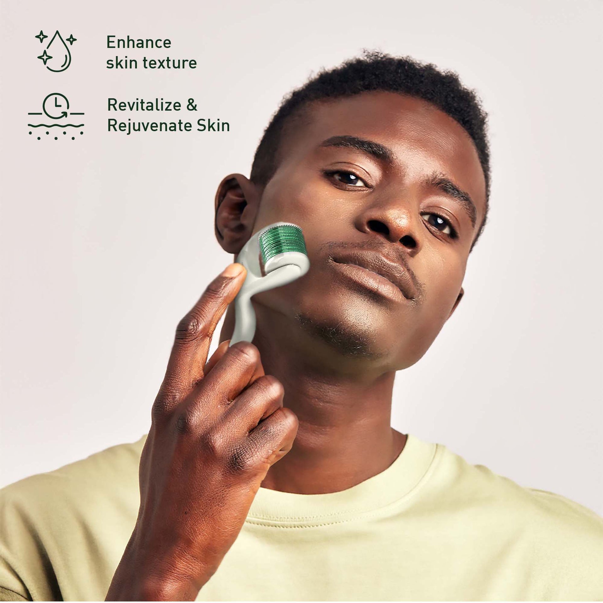 Man using a skincare device on his face with text about skin benefits.