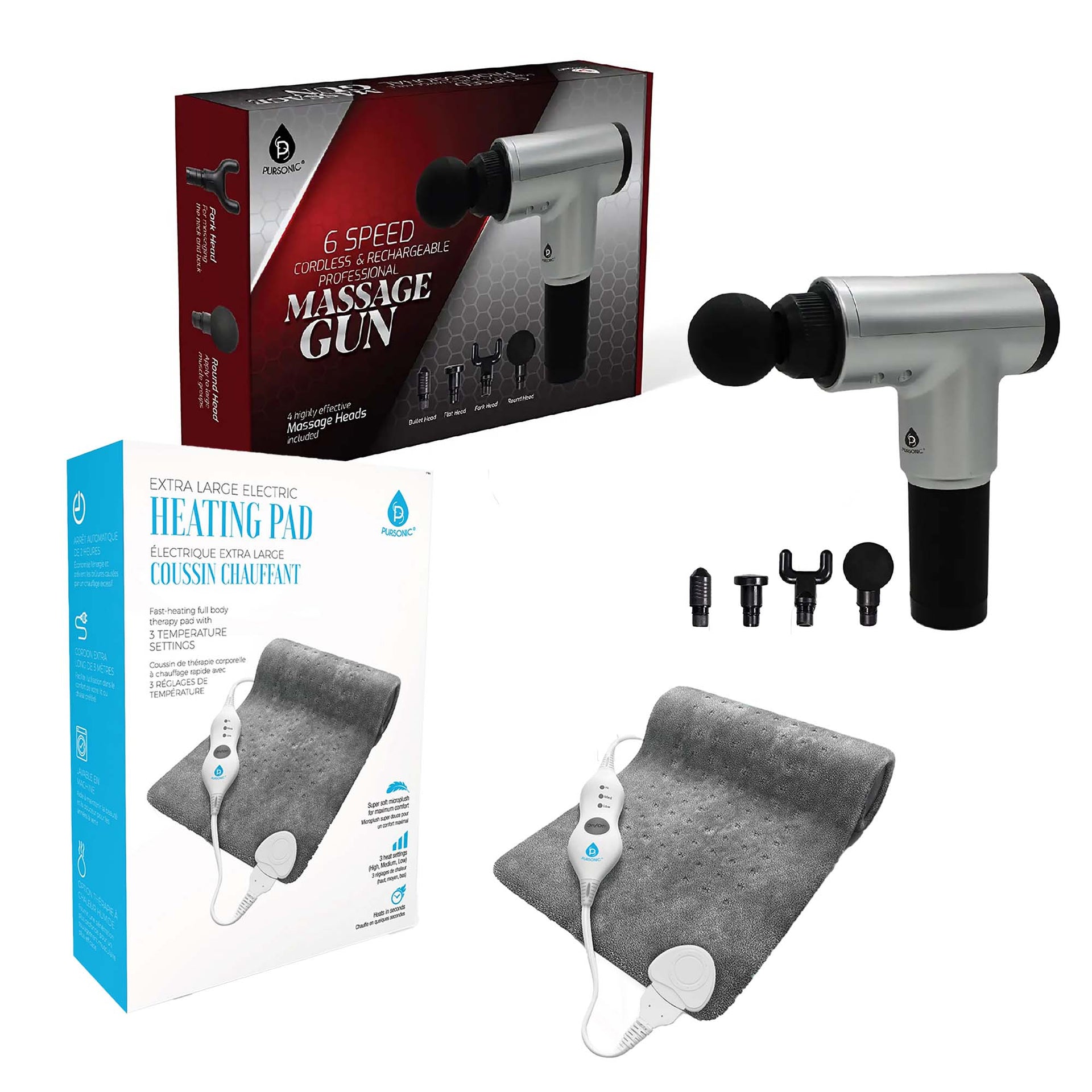 Massage gun and heating pad with packaging on a white background