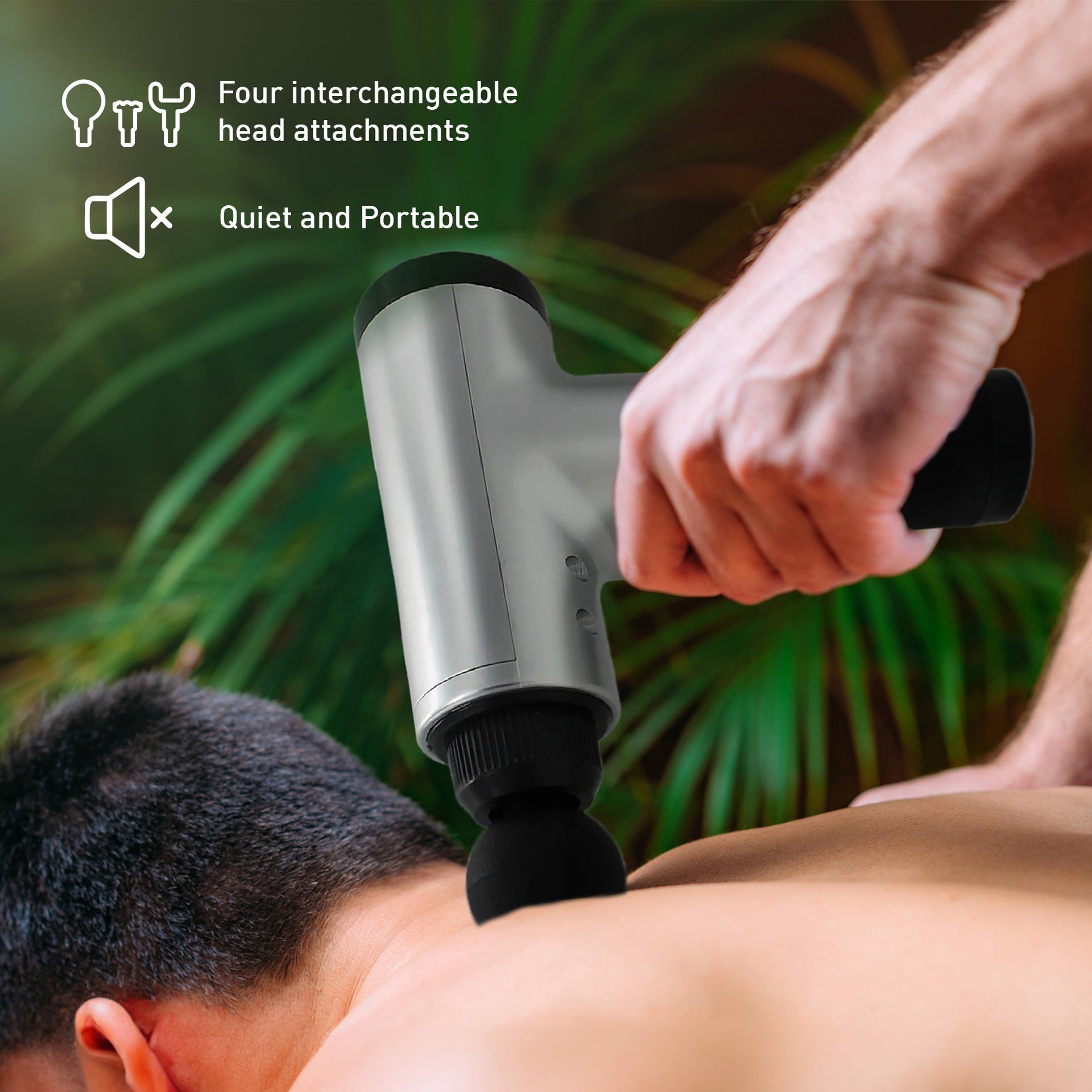 Person using a handheld massage device on their back with text highlighting features.