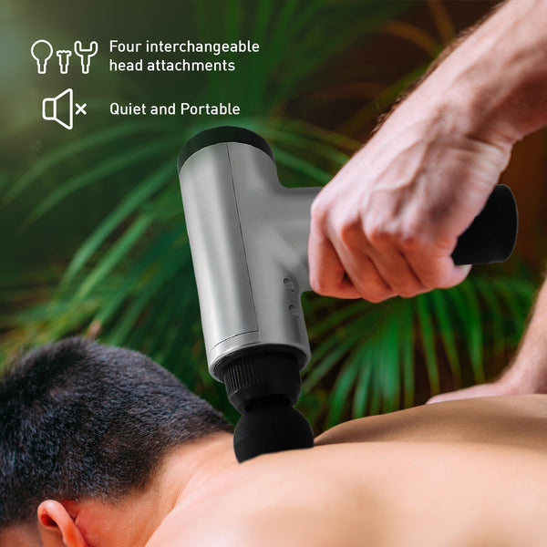 Person using a handheld massage device on their back with text highlighting features.