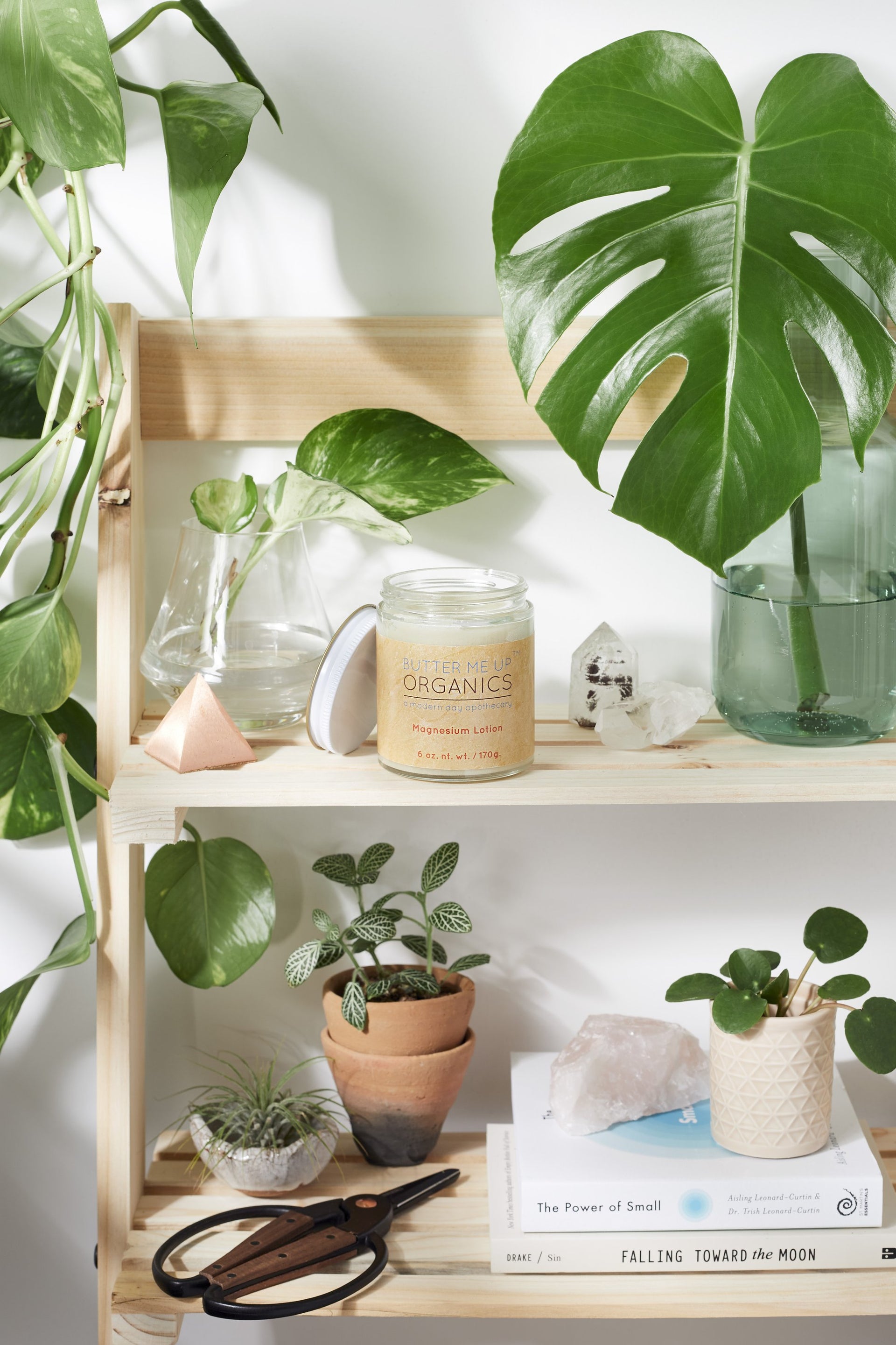 butter me up organics magnesium lotion on a shelf with decorative plants surrounding it
