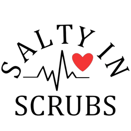 salty in scrubs logo has heart and cardiac rhythm