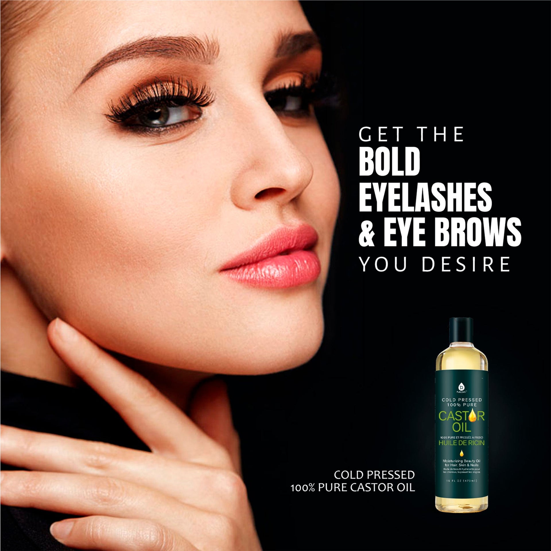 Advertisement for castor oil with a woman's face and product bottle on a black background