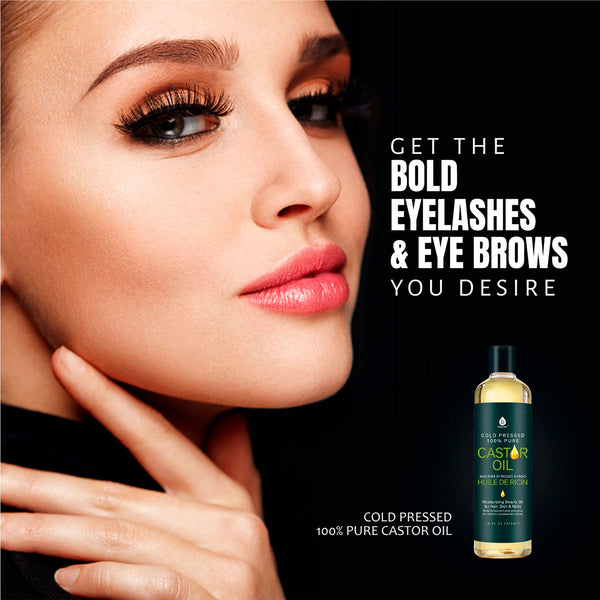 Advertisement for castor oil with a woman's face and product bottle on a black background