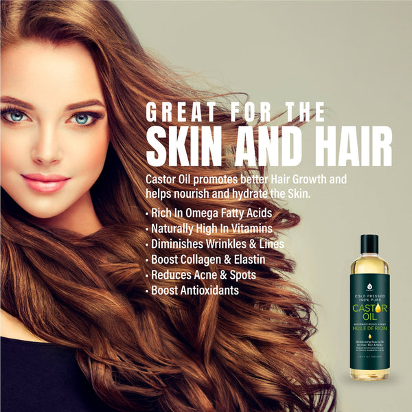 Advertisement for castor oil with a woman's face and hair, and a bottle of castor oil on a gray background.