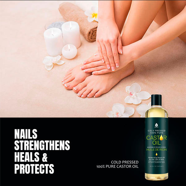 Person applying castor oil to their feet with a bottle of castor oil displayed below.