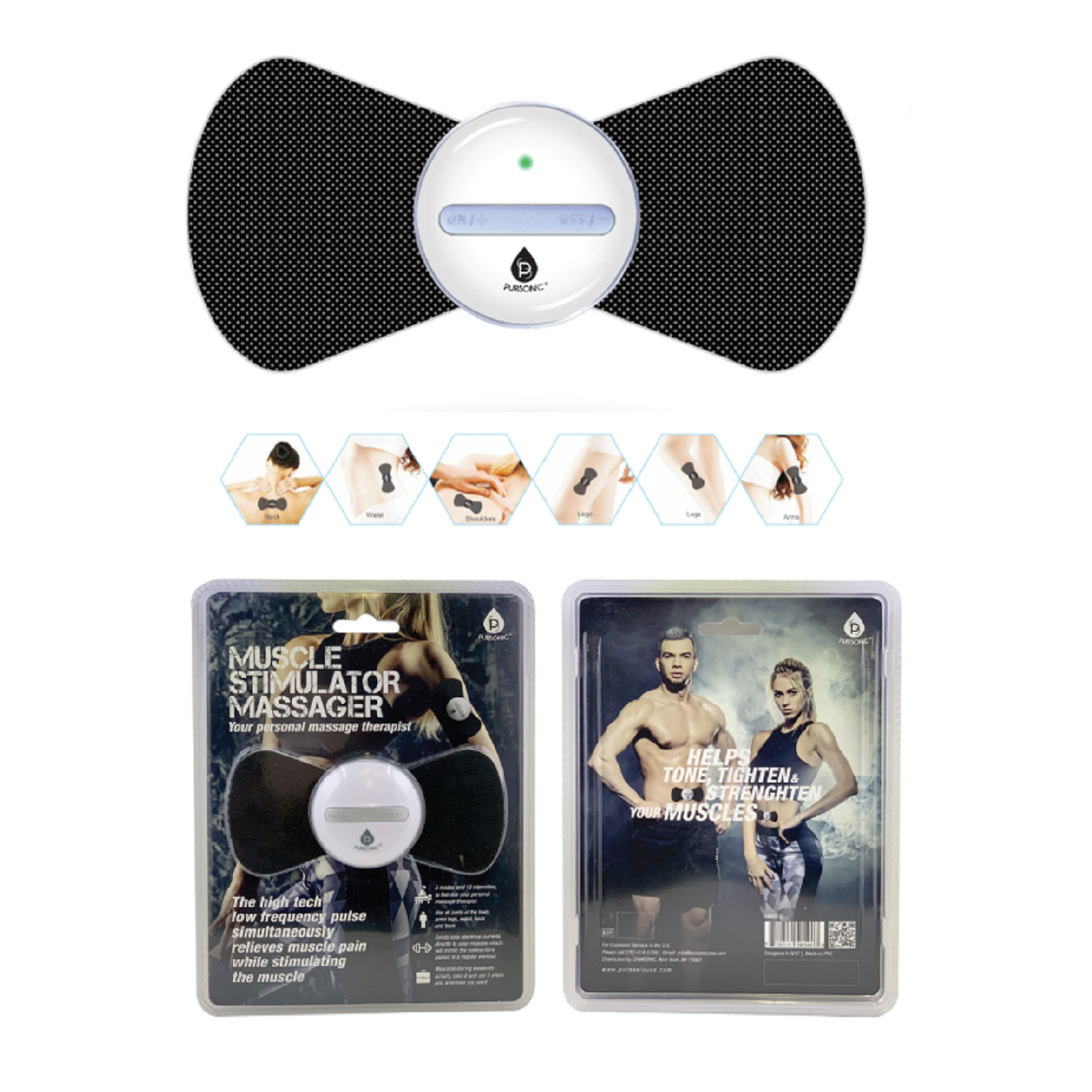 Muscle stimulator massager with packaging on a white background