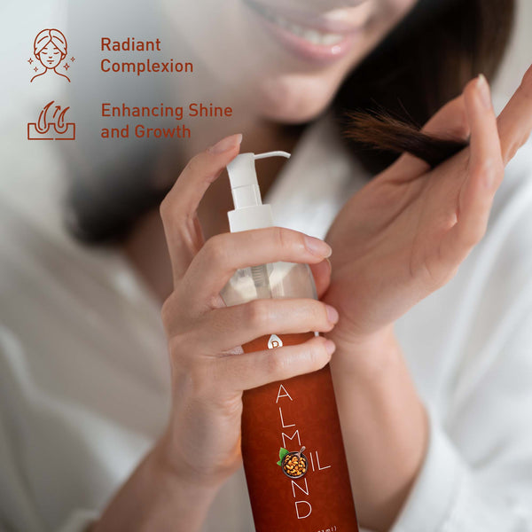 Person holding a bottle of almond oil with text about radiant complexion, shine, and growth.