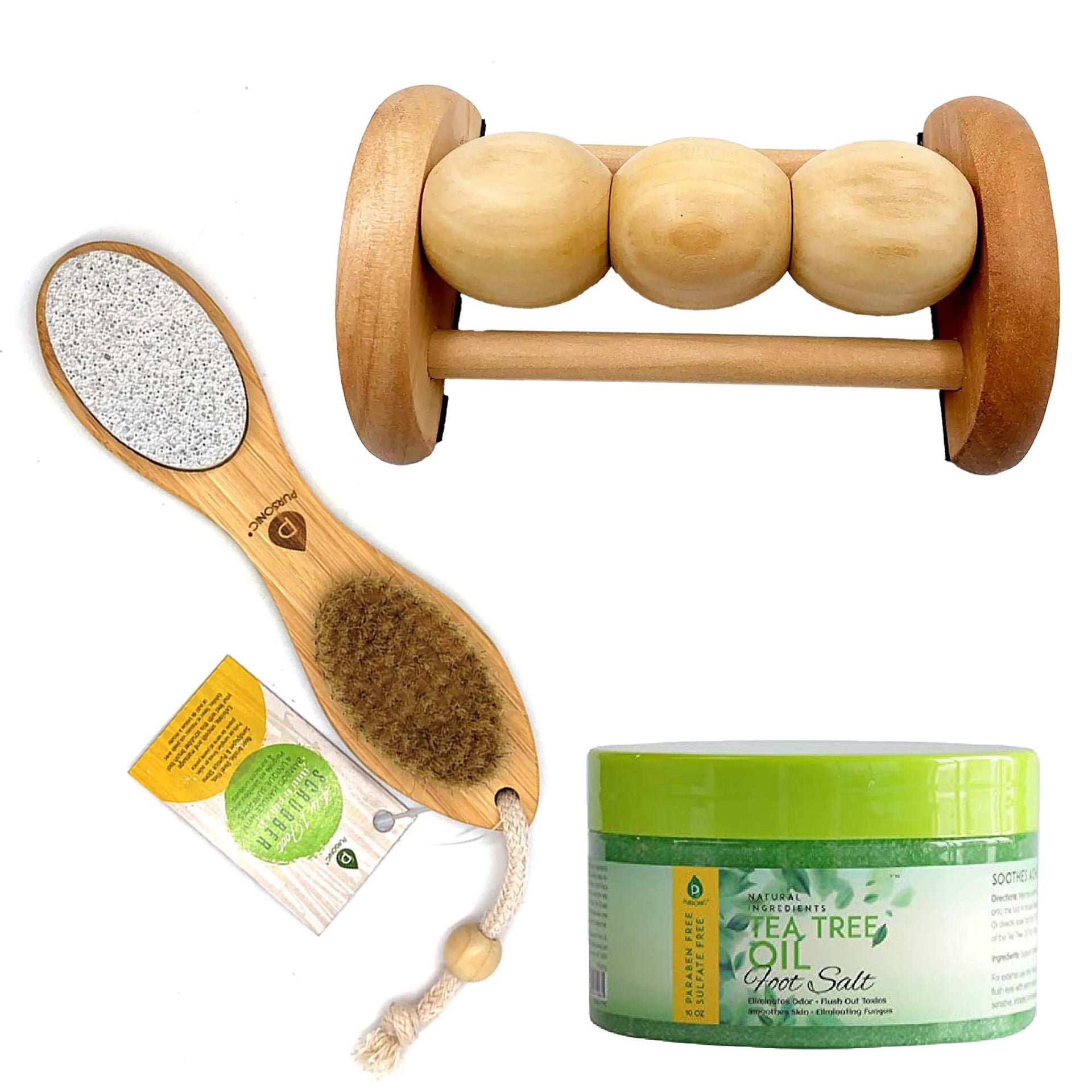 Collection of foot care products including a wooden roller, pumice stone, brush, and jar of foot salt on a white background.