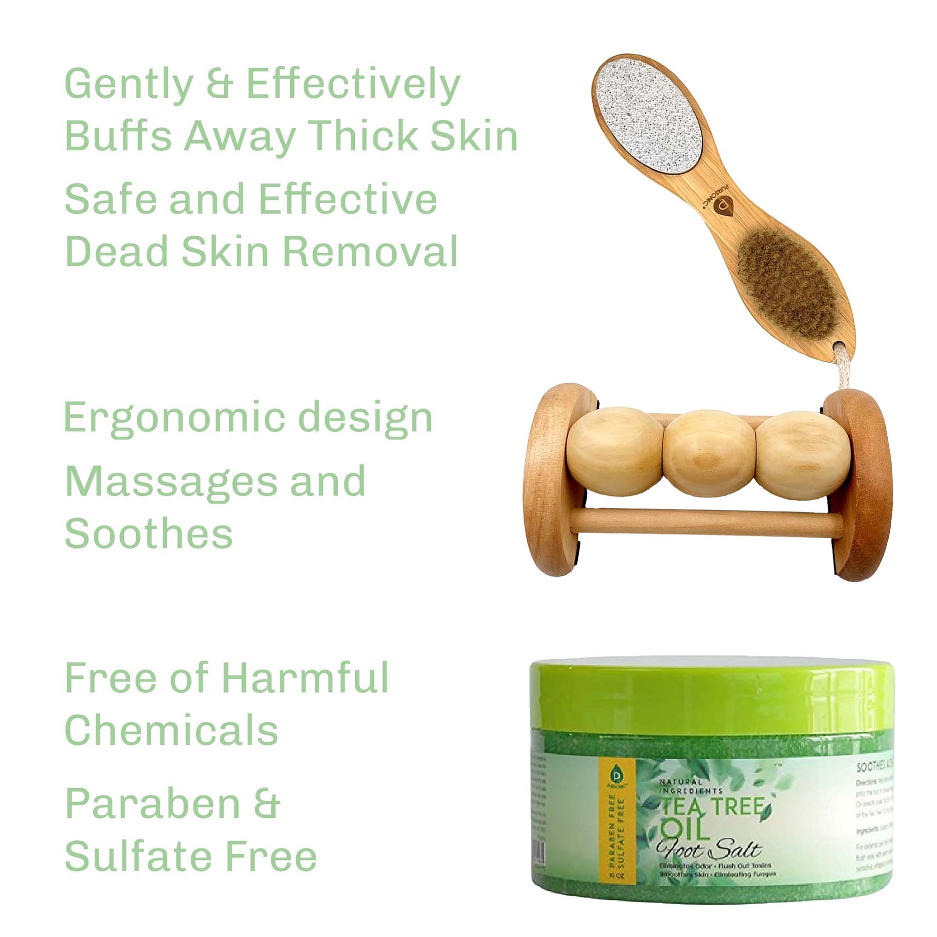 Wooden foot scrubber, roller, and jar of tea tree foot salt with text about product benefits on a white background.