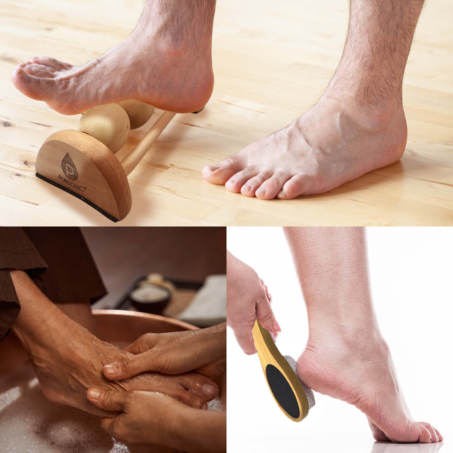 Collage of foot care routines including a wooden roller, foot scrubbing, and foot massage.