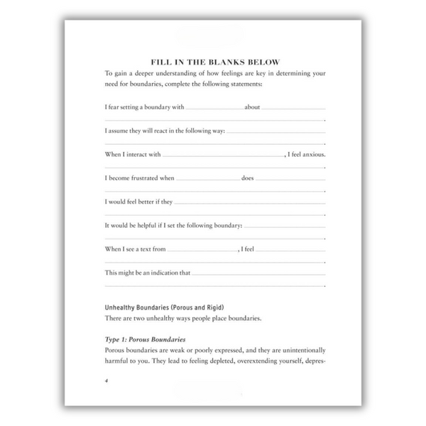 Blank worksheet for self-reflection on boundaries with text prompts.