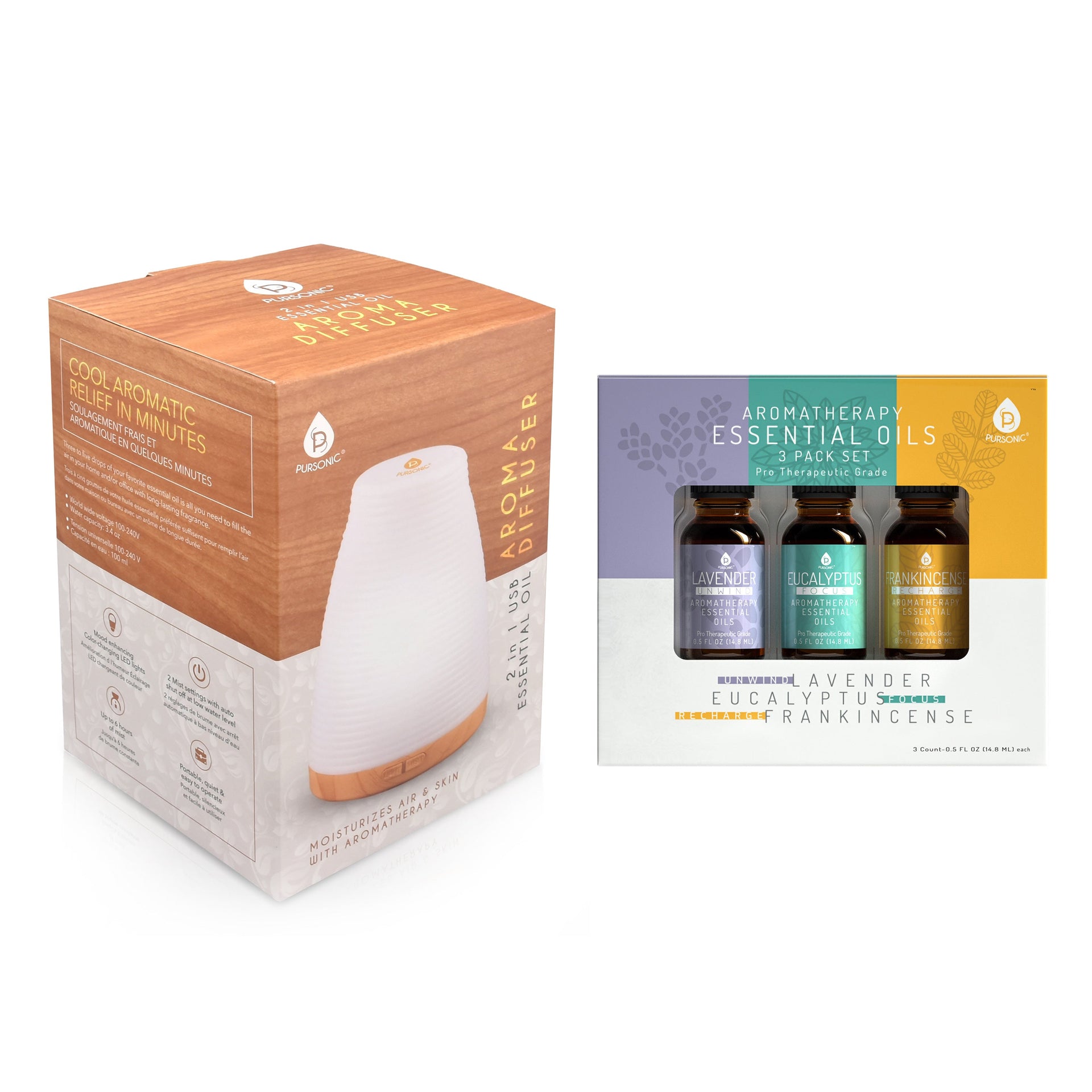 Aromatherapy diffuser packaging with essential oils on a white background