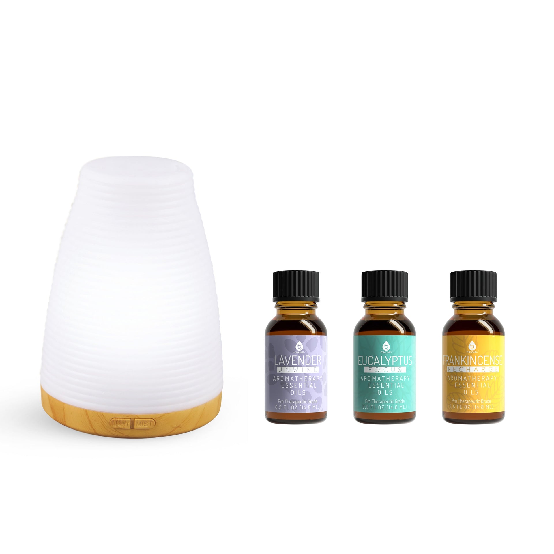 White diffuser with three small bottles of essential oils on a white background