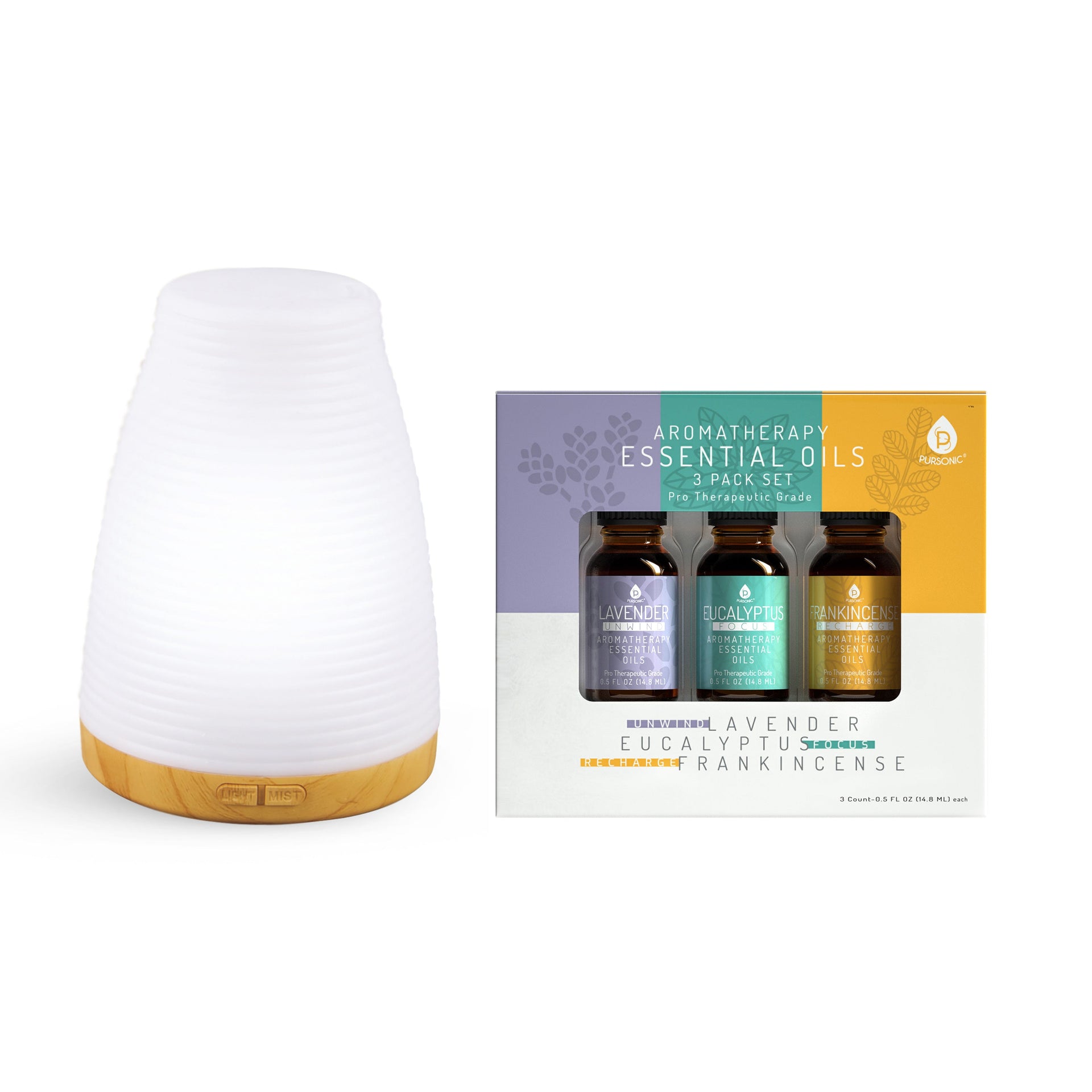 White diffuser with three bottles of essential oils on a white background